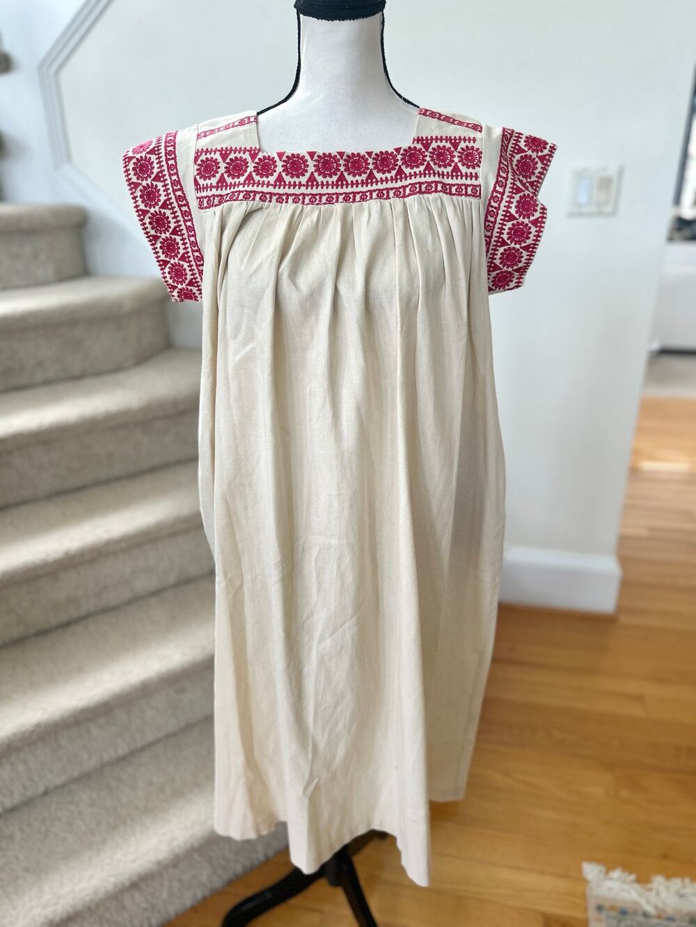 Lassiter Cream Cotton & Pink Mexican Style Embroidery Short Sleeve Midi Dress